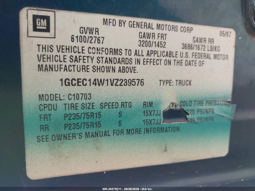 1997 CHEVROLET C/K 1500 WORK FLEETSIDE W/T TRUCK 4.3L V-6 200HP