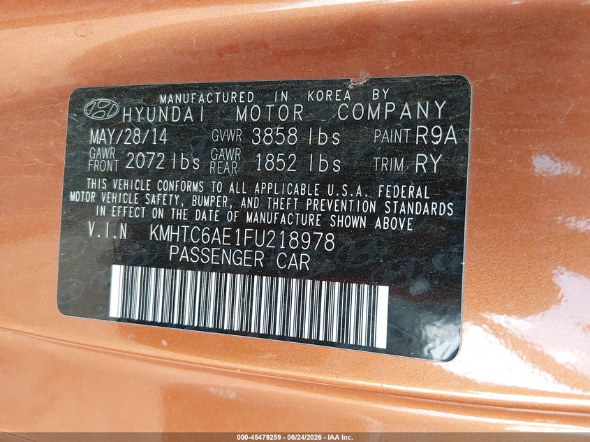 2015 Hyundai Veloster Turbo VIN: KMHTC6AE1FU218978 Lot: 45479259