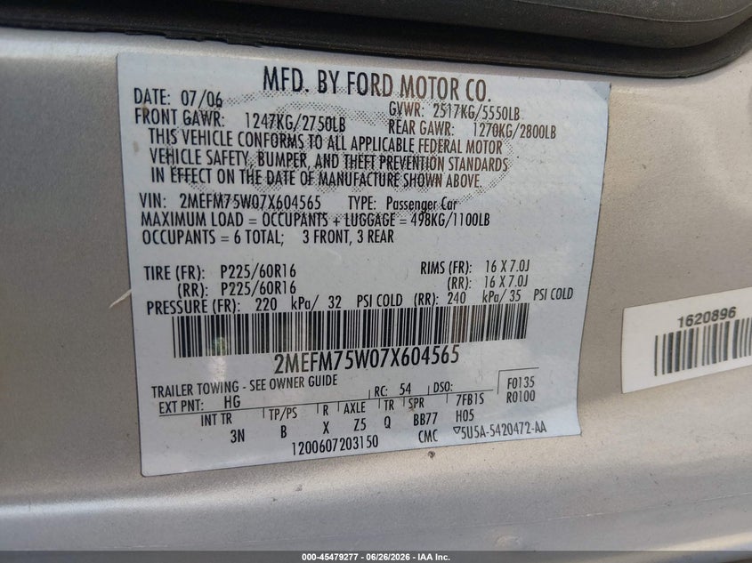 2007 Mercury Grand Marquis Ls VIN: 2MEFM75W07X604565 Lot: 45479277