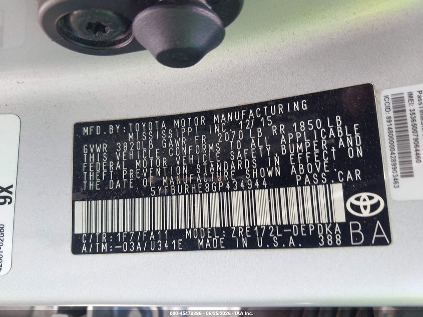 2016 TOYOTA COROLLA SEDAN 1.8L I-4 DOHC, VVT, 132HP