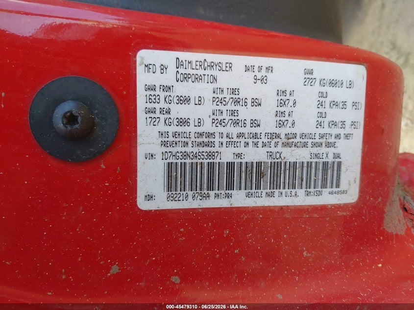 2004 Dodge Dakota Sport/Sxt VIN: 1D7HG38N34S538871 Lot: 45479310