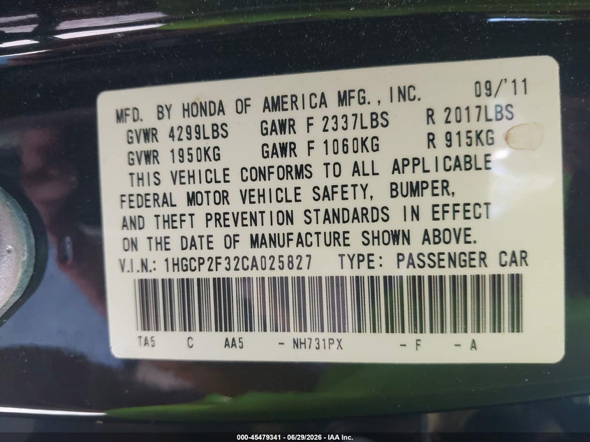 2012 HONDA ACCORD SEDAN 2.4L I-4 DOHC, VVT, 177HP