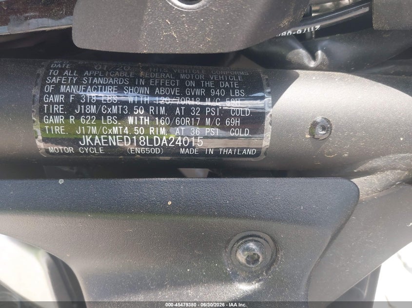 2020 Kawasaki En650 D VIN: JKAENED18LDA24015 Lot: 45479380