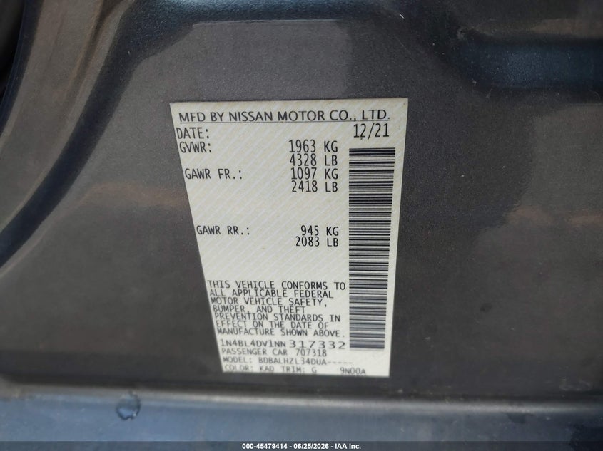 NISSAN ALTIMA 2022 VIN 1N4BL4DV1NN317332