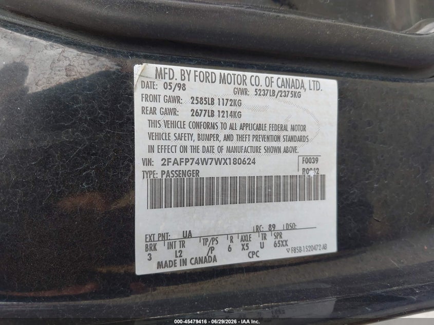 1998 Ford Crown Victoria Lx VIN: 2FAFP74W7WX180624 Lot: 45479416