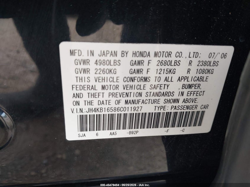 2006 Acura Rl 3.5 VIN: JH4KB16586C011927 Lot: 45479454