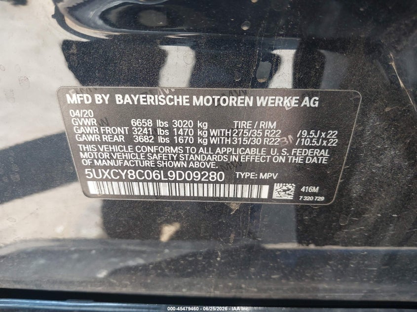 2020 BMW X6 M50I VIN: 5UXCY8C06L9D09280 Lot: 45479460
