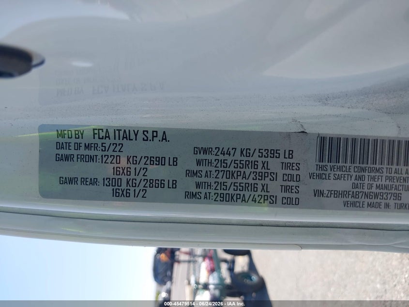2022 Ram Promaster City Cargo Van VIN: ZFBHRFAB7N6W93796 Lot: 45479514