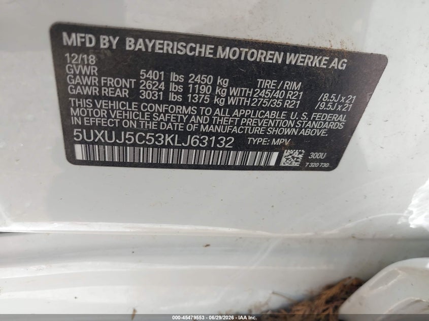 2019 BMW X4 M40I VIN: 5UXUJ5C53KLJ63132 Lot: 45479553