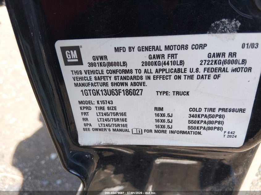 GMC SIERRA 1500HD 2003 VIN 1GTGK13U63F186027