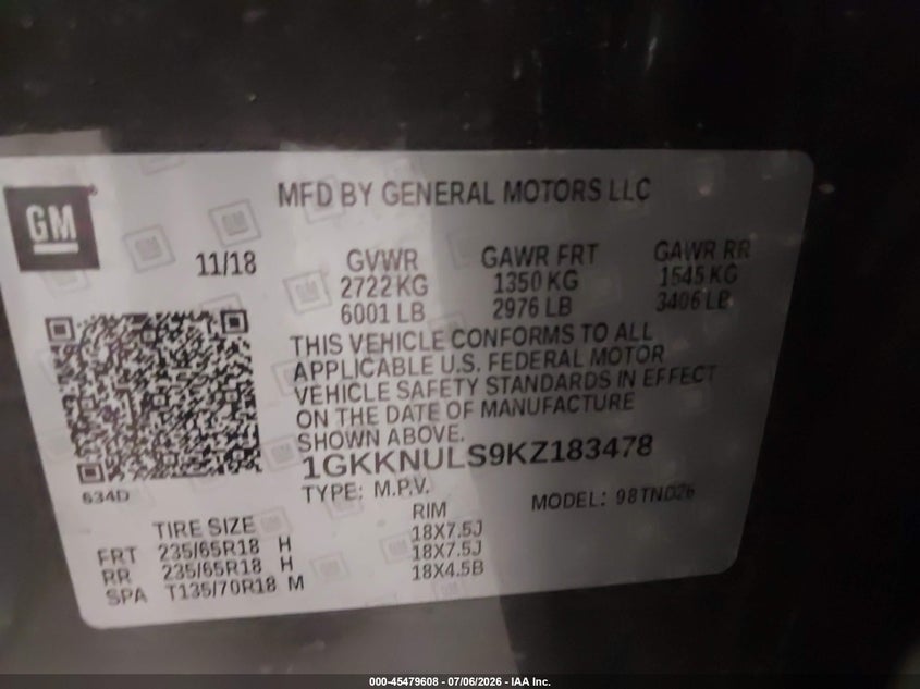 GMC ACADIA 2019 VIN 1GKKNULS9KZ183478