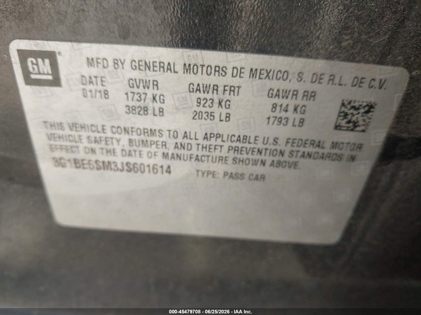 CHEVROLET CRUZE 2018 VIN 3G1BE6SM3JS601614
