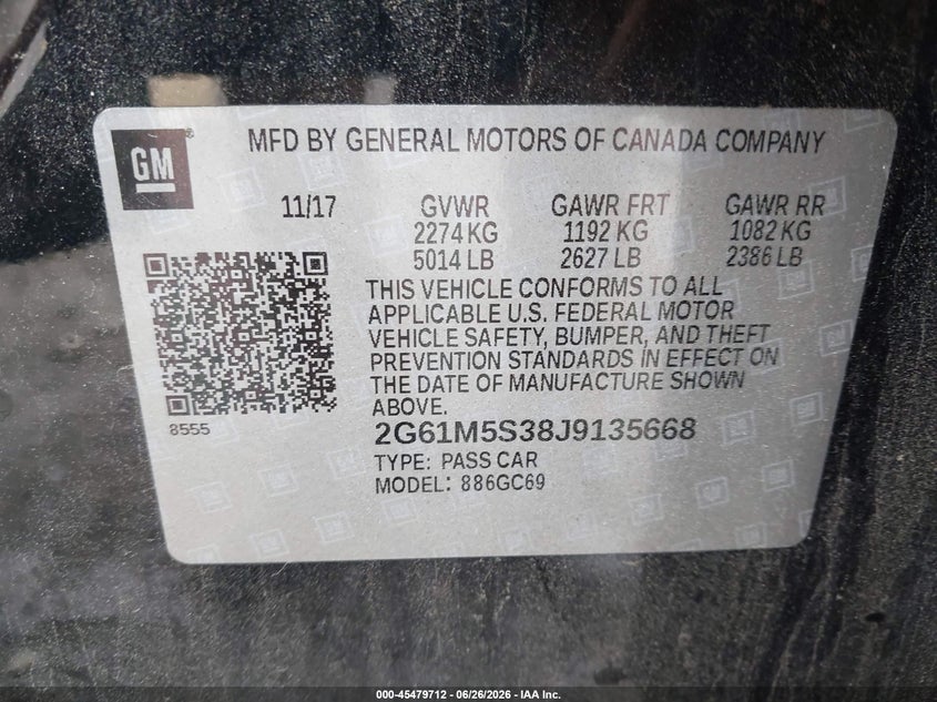 2018 Cadillac Xts Luxury VIN: 2G61M5S38J9135668 Lot: 45479712