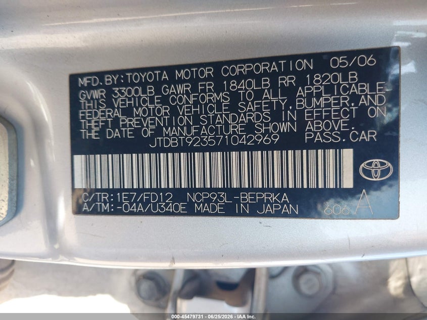 2007 Toyota Yaris VIN: JTDBT923571042969 Lot: 45479731