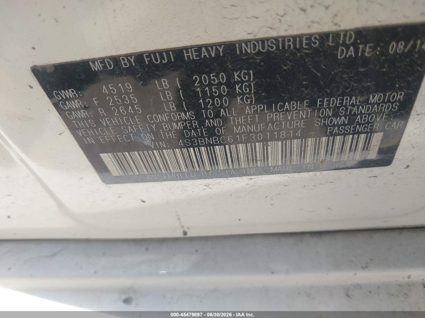 2015 SUBARU LEGACY SEDAN 2.5L H-4 DOHC, VVT, 175HP