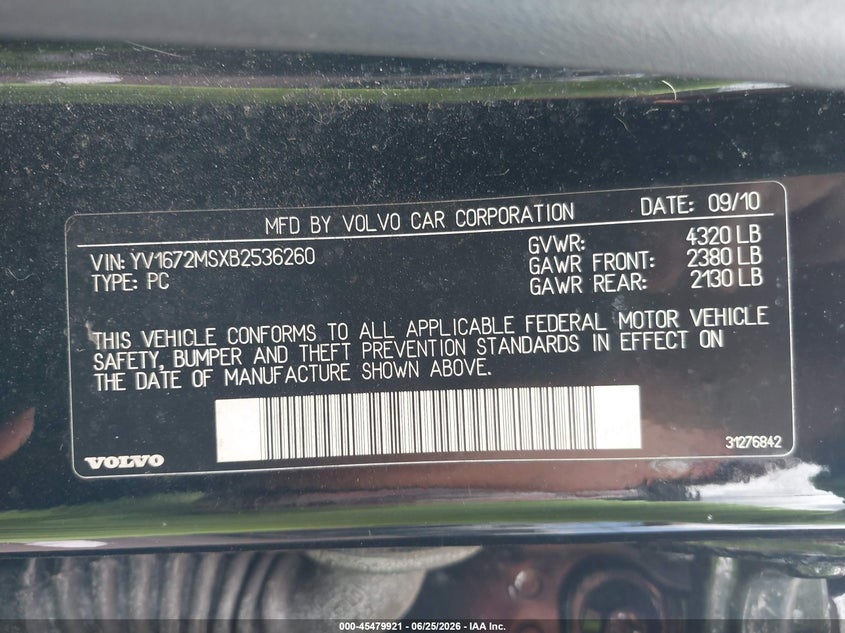 2011 Volvo S40 R-Design/T5 (Retail Only) VIN: YV1672MSXB2536260 Lot: 45479921