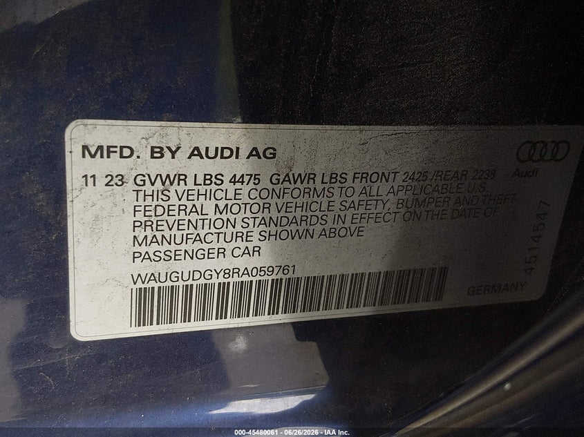 2024 Audi A3 Premium 40 Tfsi Quattro S Tronic VIN: WAUGUDGY8RA059761 Lot: 45480061