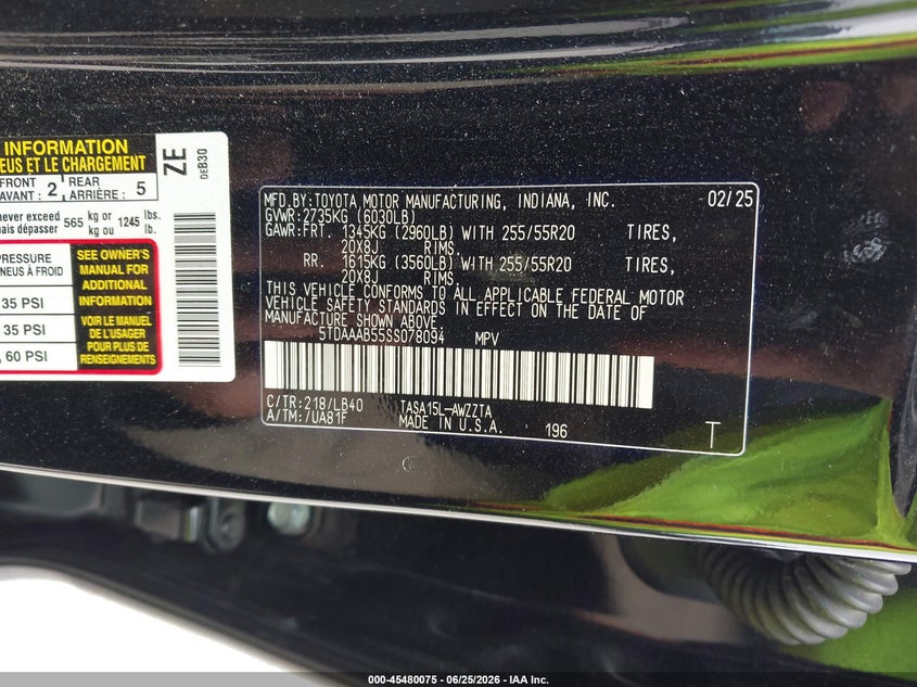 TOYOTA GRAND HIGHLANDER 2025 VIN 5TDAAAB55SS078094