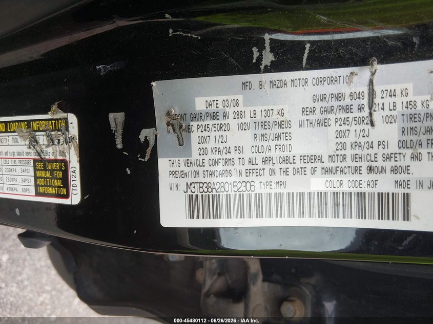 2008 Mazda Cx-9 Grand Touring VIN: JM3TB38A280152306 Lot: 45480112