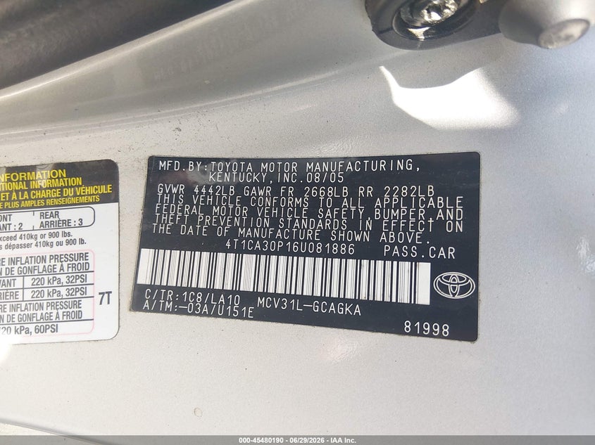 2006 Toyota Camry Solara Sle V6 VIN: 4T1CA30P16U081886 Lot: 45480190