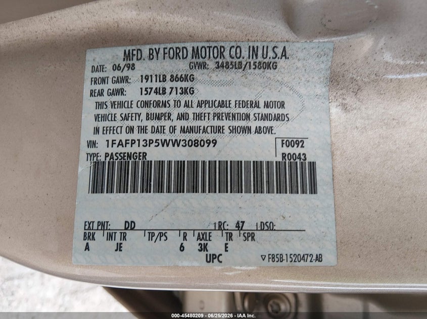 FORD ESCORT 1998 VIN 1FAFP13P5WW308099