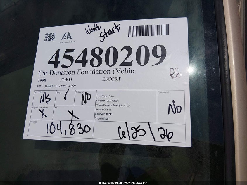 FORD ESCORT 1998 VIN 1FAFP13P5WW308099