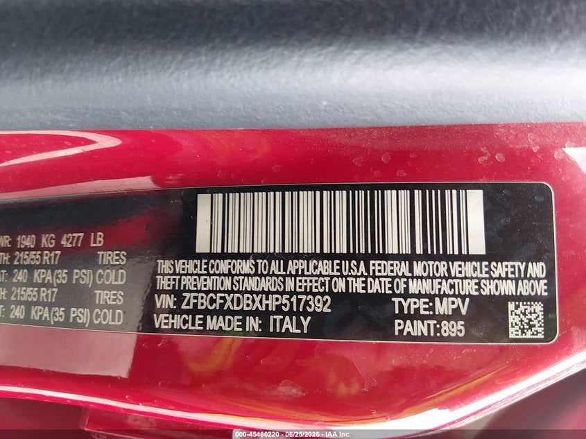 2017 Fiat 500X Lounge Fwd VIN: ZFBCFXDBXHP517392 Lot: 45480220