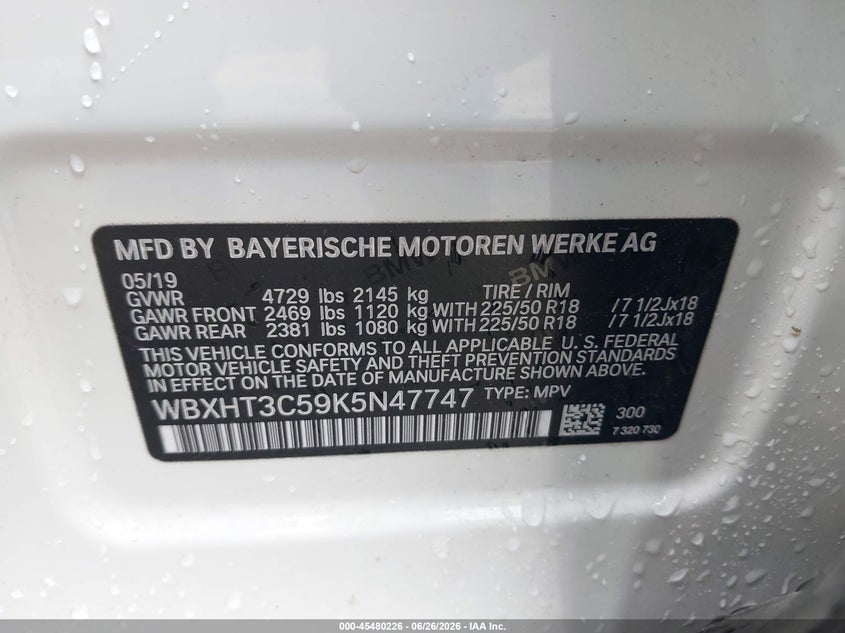 2019 BMW X1 xDrive28I VIN: WBXHT3C59K5N47747 Lot: 45480226