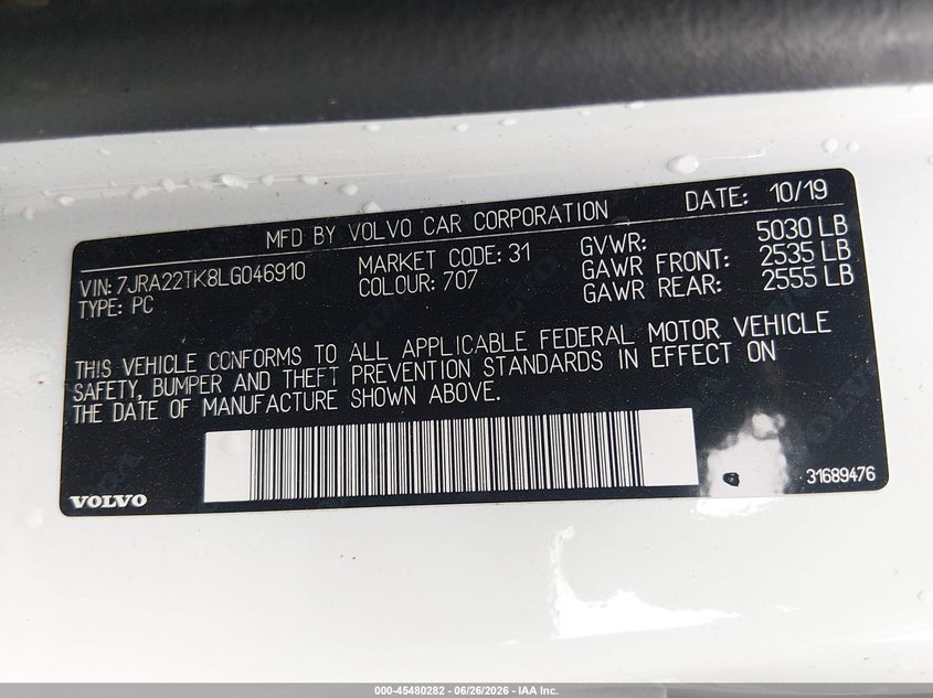 2020 Volvo S60 T6 Momentum VIN: 7JRA22TK8LG046910 Lot: 45480282