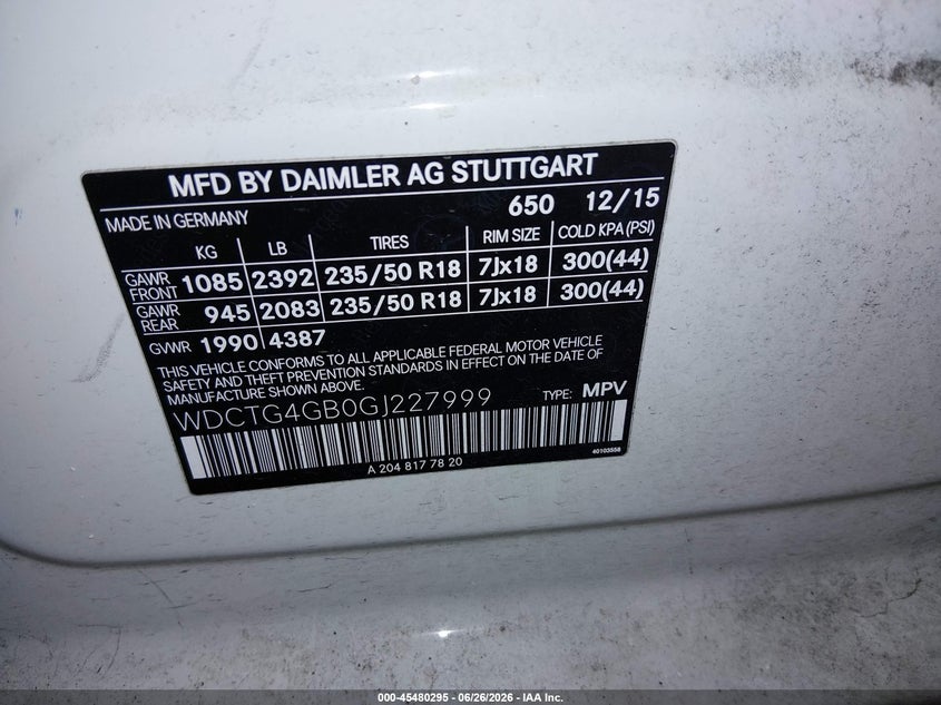 2016 Mercedes-Benz Gla 250 4Matic VIN: WDCTG4GB0GJ227999 Lot: 45480295