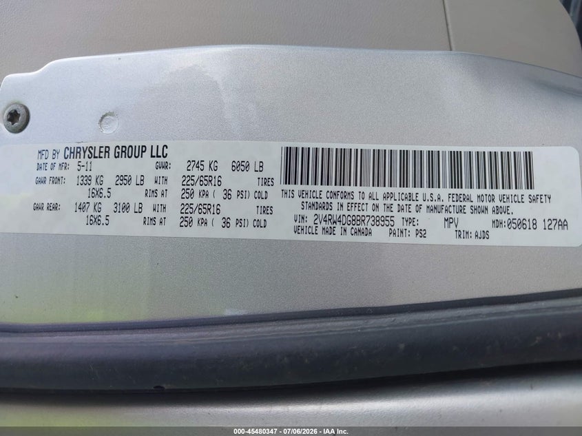 2011 Volkswagen Routan S VIN: 2V4RW4DG8BR738955 Lot: 45480347