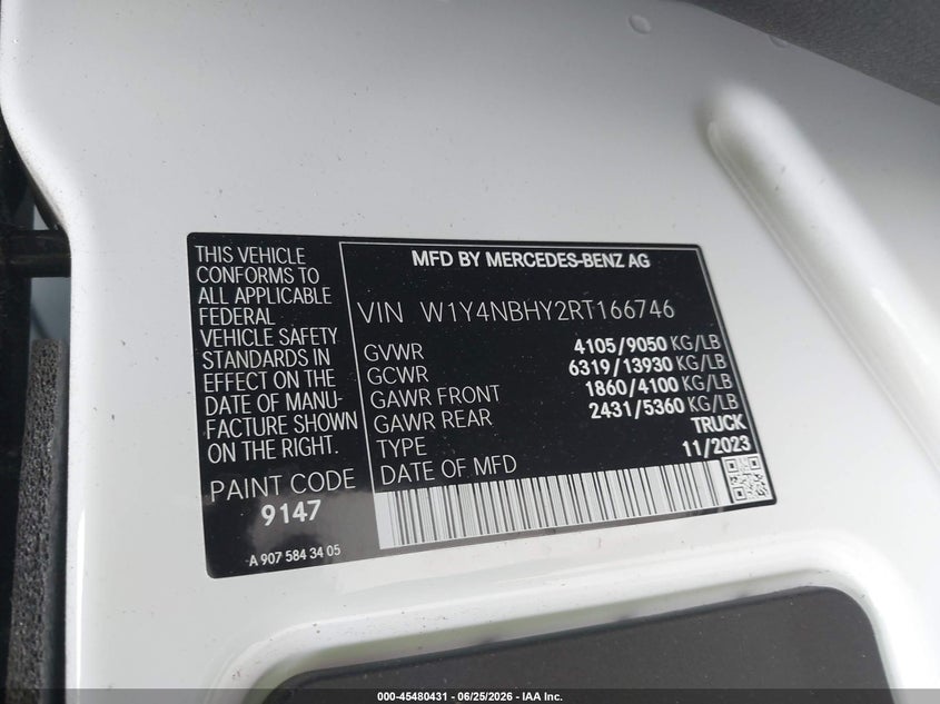 2024 Mercedes-Benz Sprinter 2500 Standard Roof 4-Cyl Diesel Ho VIN: W1Y4NBHY2RT166746 Lot: 45480431