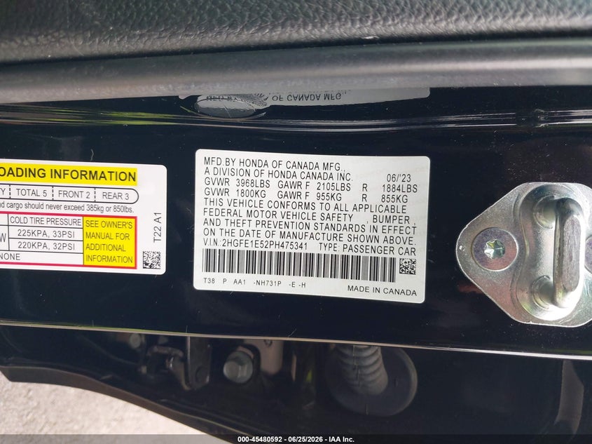 HONDA CIVIC SI 2023 VIN 2HGFE1E52PH475341