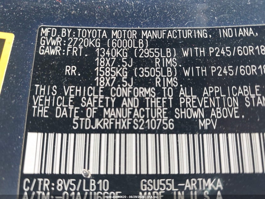 2015 TOYOTA HIGHLANDER SPORT UTILITY VEHICLE 3.5L V-6 DOHC, VVT, 270HP
