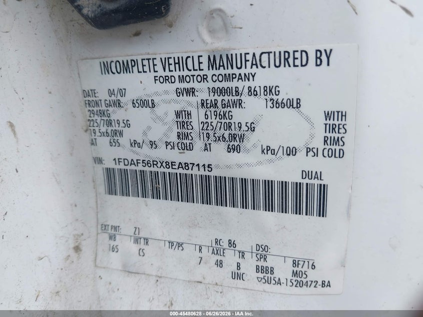 2008 Ford Super Duty F-550 Drw Xl/Xlt VIN: 1FDAF56RX8EA87115 Lot: 45480628