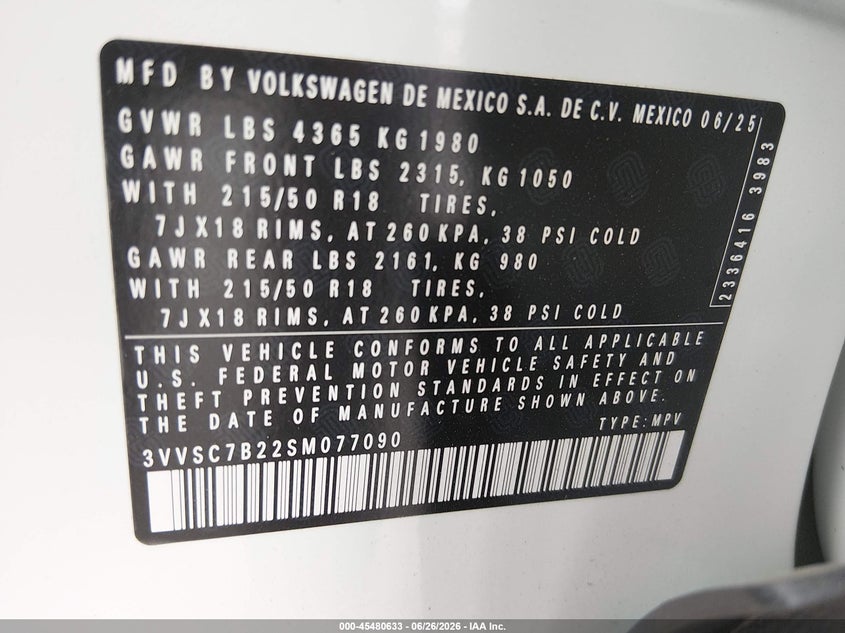 2025 Volkswagen Taos 1.5T Se VIN: 3VVSC7B22SM077090 Lot: 45480633