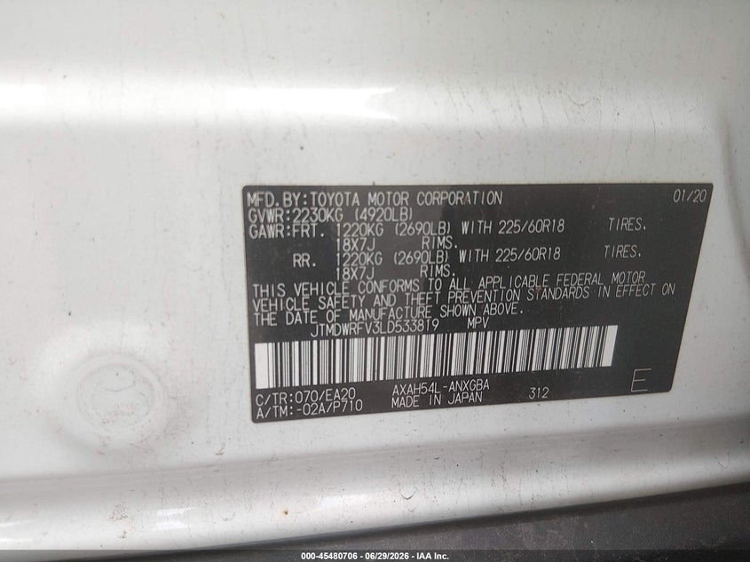 2020 Toyota Rav4 Hybrid Limited VIN: JTMDWRFV3LD533819 Lot: 45480706