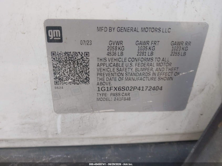 2023 Chevrolet Bolt Ev Fwd 2Lt VIN: 1G1FX6S02P4172404 Lot: 45480741