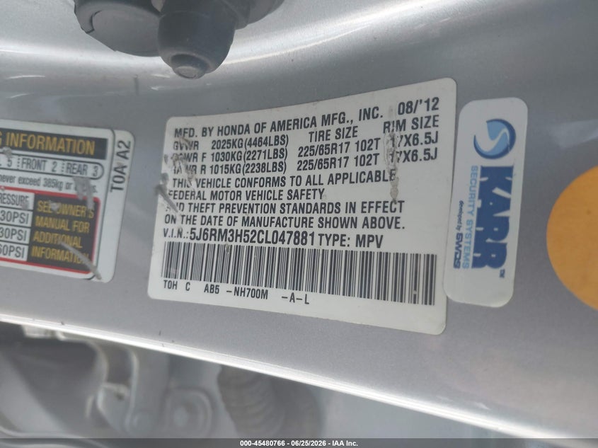 2012 HONDA CR-V SPORT UTILITY VEHICLE 2.4L I-4 DOHC, VVT, 185HP