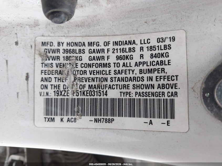 2019 Honda Insight Ex VIN: 19XZE4F51KE031514 Lot: 45480809