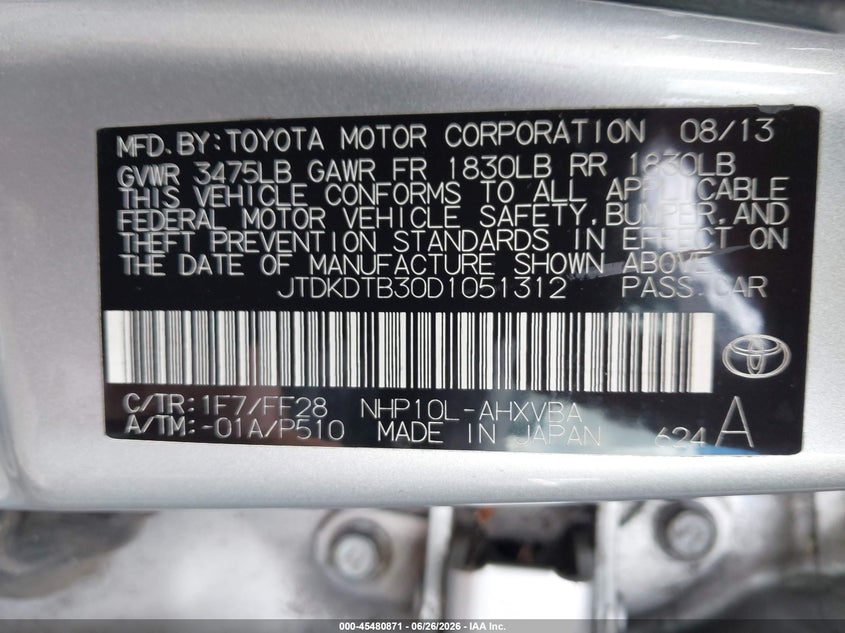 2013 Toyota Prius C Two VIN: JTDKDTB30D1051312 Lot: 45480871