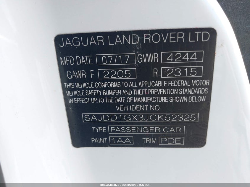2018 Jaguar F-Type 296Hp VIN: SAJDD1GX3JCK52325 Lot: 45480875