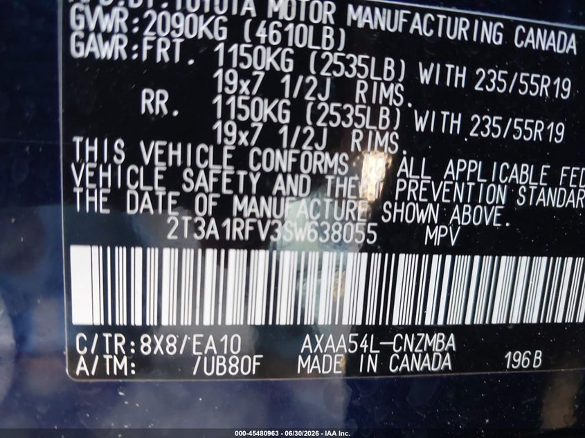 TOYOTA RAV4 2025 VIN 2T3A1RFV3SW638055