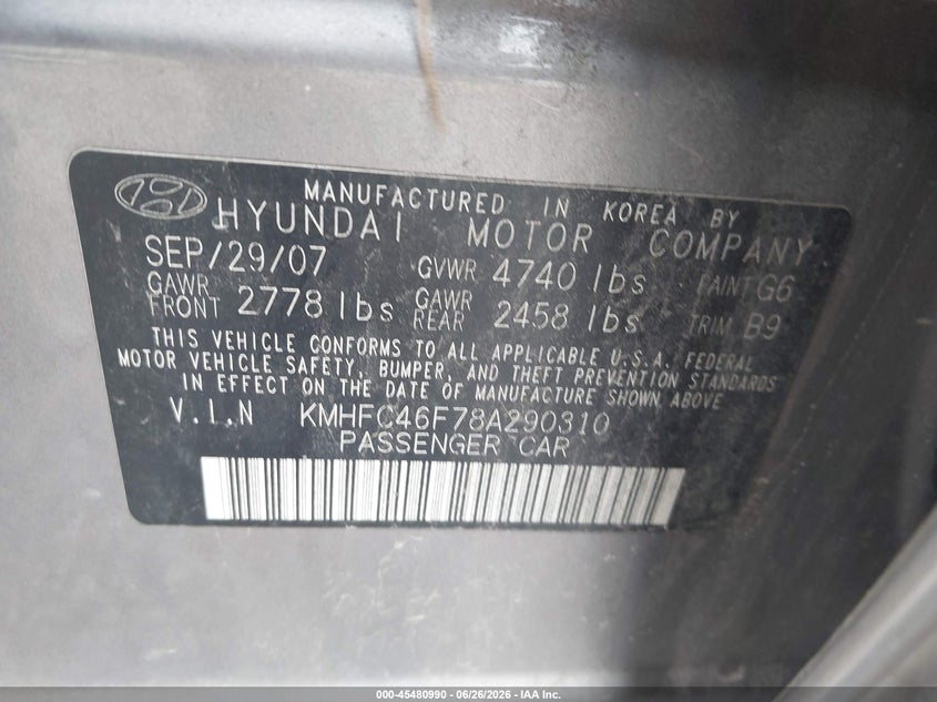 2008 Hyundai Azera Limited VIN: KMHFC46F78A290310 Lot: 45480990
