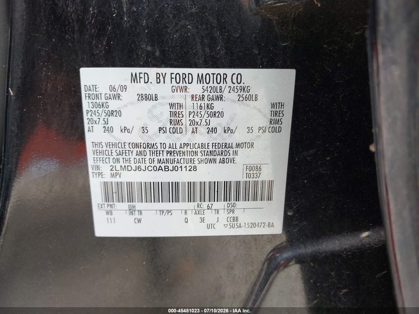 2010 Lincoln Mkx VIN: 2LMDJ6JC0ABJ01128 Lot: 45481023