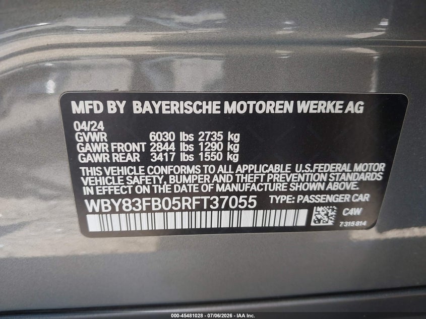 2024 BMW I4 Gran Coupe xDrive40 VIN: WBY83FB05RFT37055 Lot: 45481028