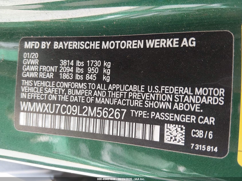 2020 Mini Hardtop Oxford Edition VIN: WMWXU7C09L2M56267 Lot: 45481039