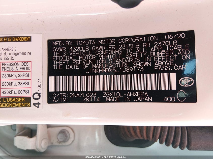 2020 Toyota C-Hr Limited VIN: JTNKHMBX5L1089173 Lot: 45481051