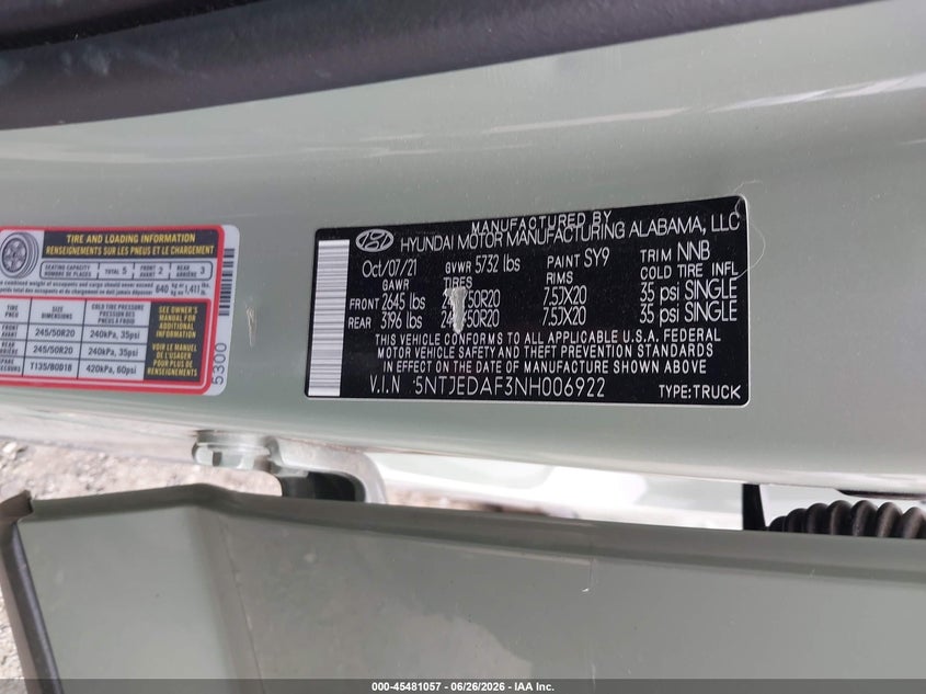 2022 Hyundai Santa Cruz Limited VIN: 5NTJEDAF3NH006922 Lot: 45481057