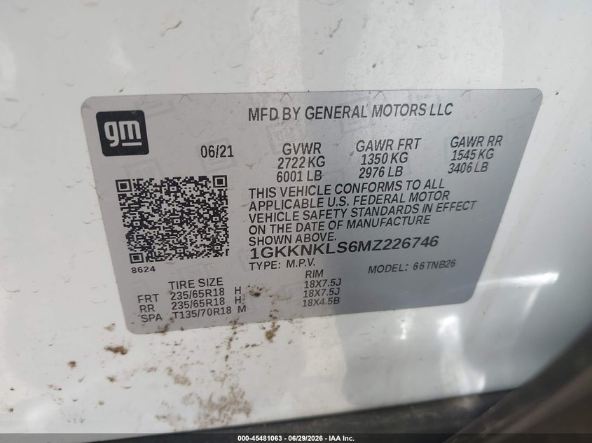 2021 GMC Acadia Fwd Sle VIN: 1GKKNKLS6MZ226746 Lot: 45481063